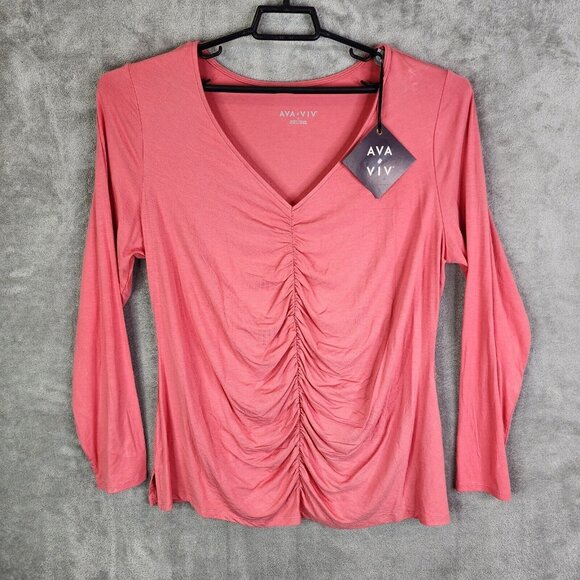 Ava & Viv Tops - Womens Coral Pink Ruched Knit Top V Neck Long Sleeve Ava & Viv Plus Size 1X